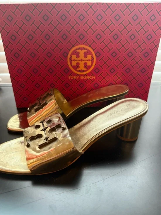 Tory Burch Metallic Gold Logo Slide Heels - Picture 4 of 4